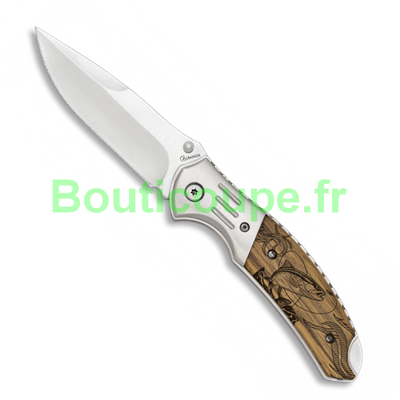 Couteau pliant chasse Albainox lame 8.5 cm bois zébra décor poisson