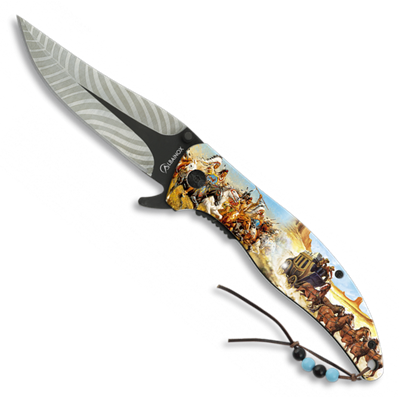 Couteau pliant assisté Cow-boys et Indiens impression 3D 18454-A manche aluminium lame 9 cm