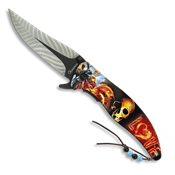 Couteau pliant assisté Tète de mort-plume impression 3D 18455-A manche aluminium lame 9 cm